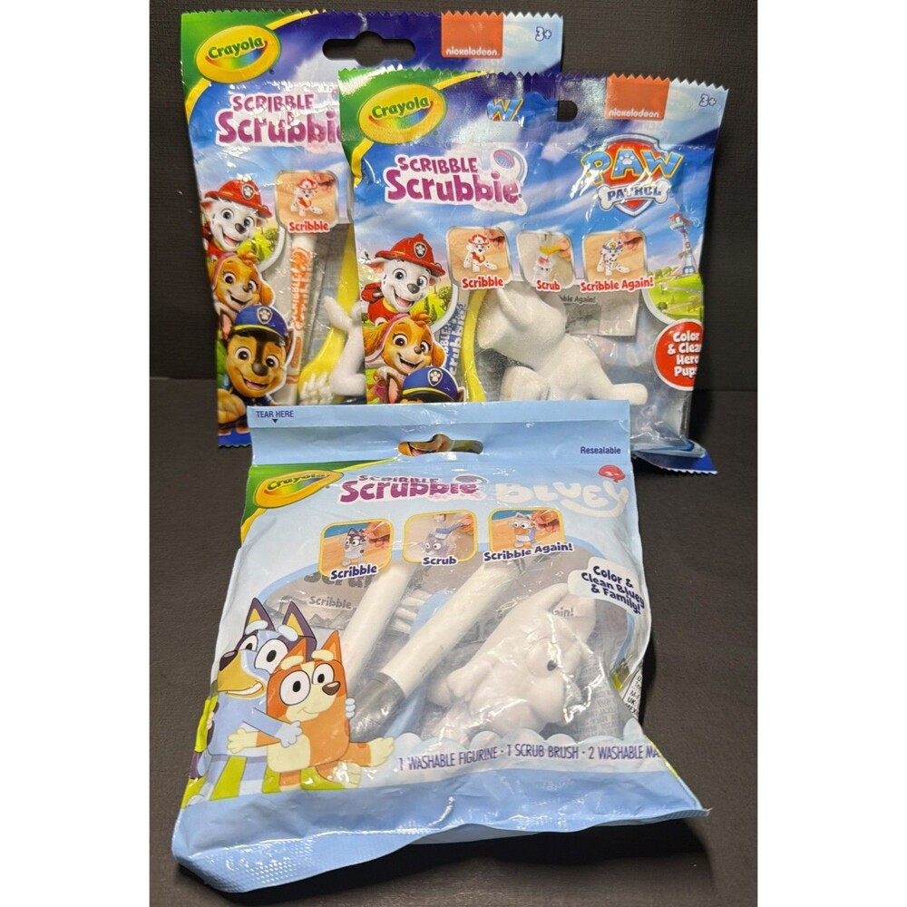 Scribble Scrubbie Figures – Paw Patrol Chase & Zuma + Bluey Muffin – 3 Pack